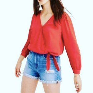 Madewell Silk Crop Wrap Front Tie Small Coral Blouse